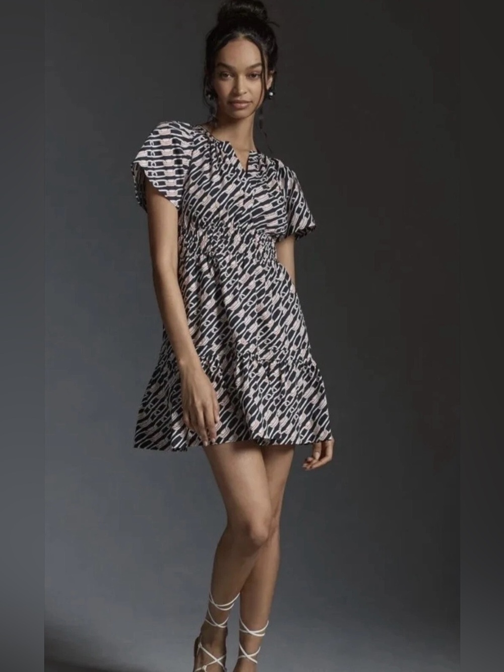 Anthropologie Somerset Cotton Smocked Waist Mini Dress Navy Link Pattern Large
